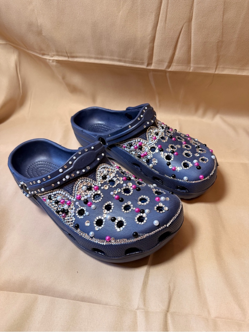 Bejeweled Navy Slip-On Clogs with Pink & White Accents